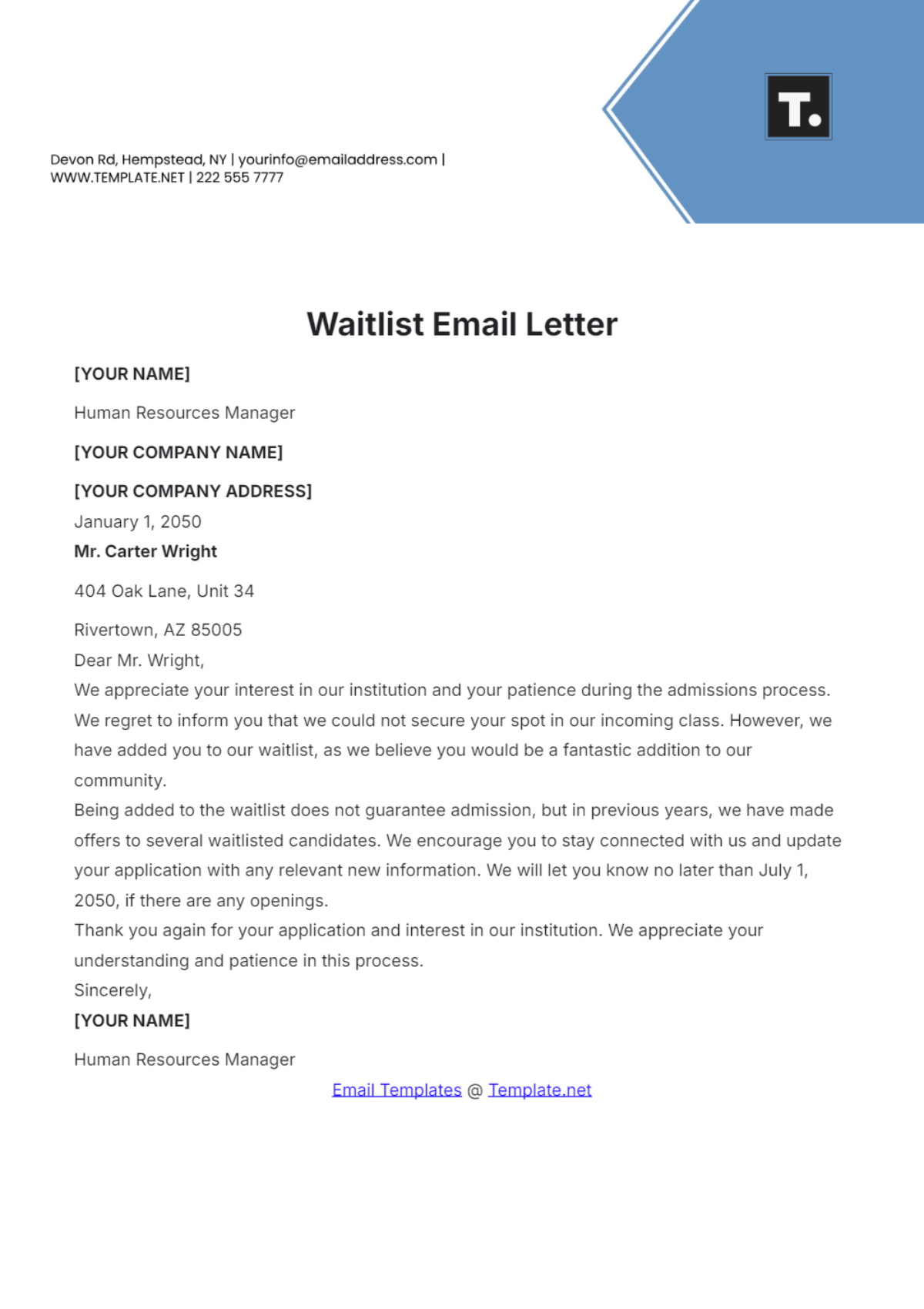 Waitlist Email Letter Template