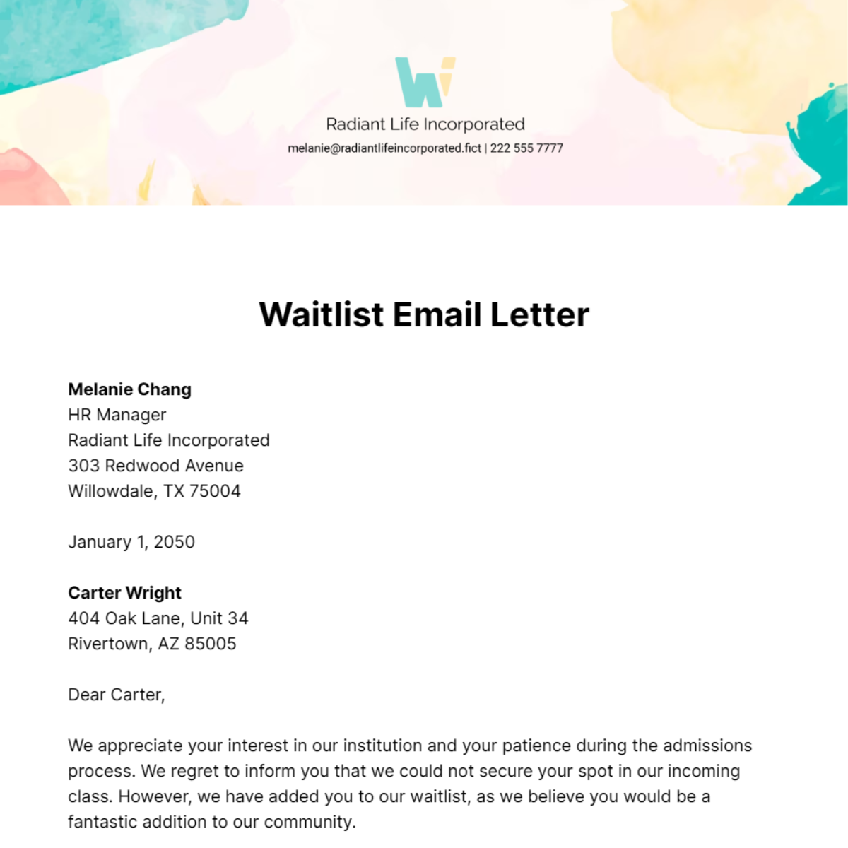 Waitlist Email Letter Template