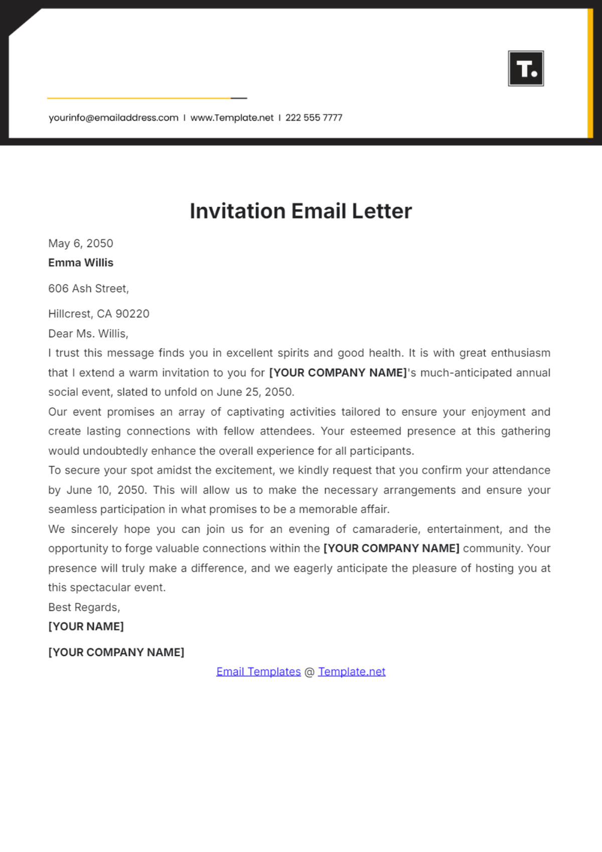 Invitation Email Letter Template