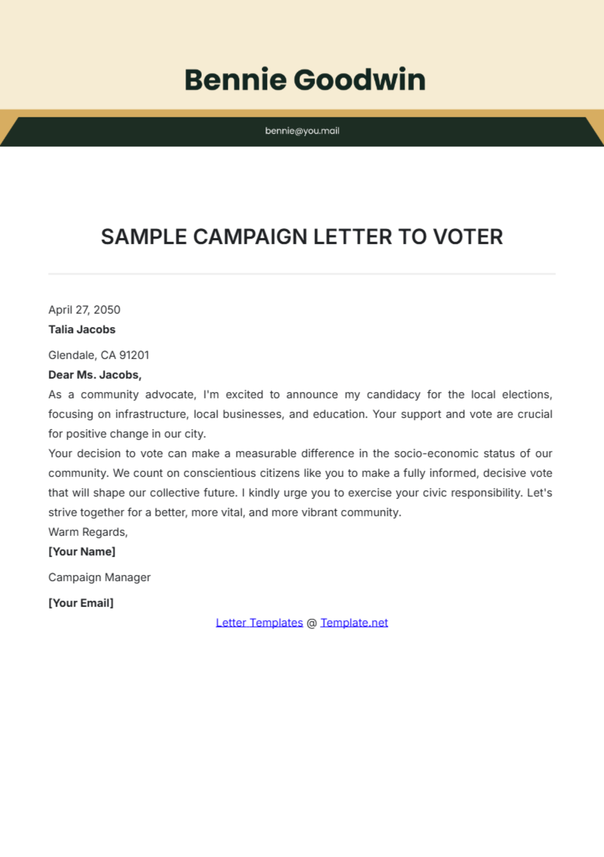 Sample Campaign Letter to Voters Template - Edit Online & Download