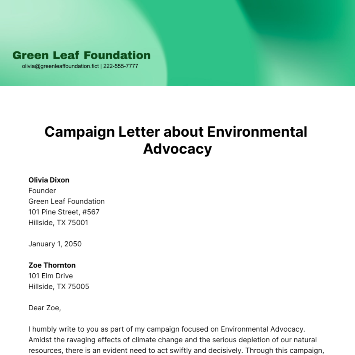 Free Campaign Letter about Environmental Advocacy Template