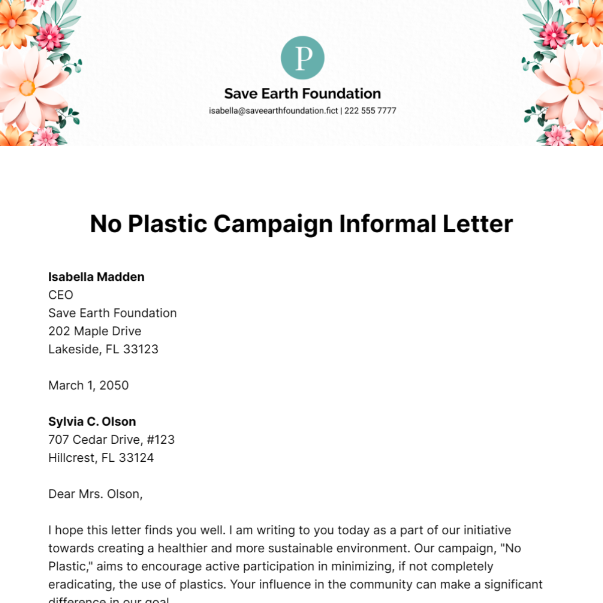 Free No Plastic Campaign Informal Letter Template