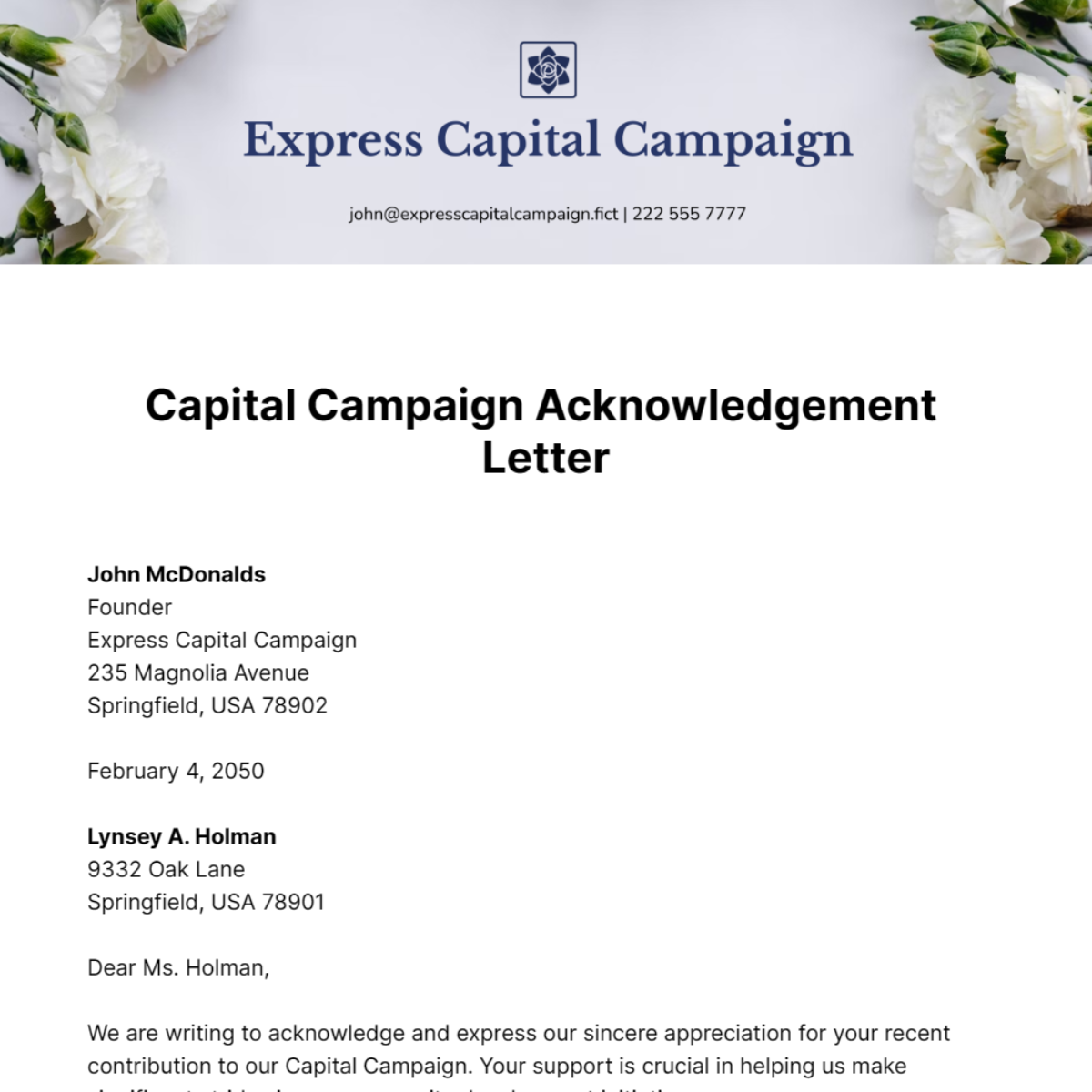 Capital Campaign Acknowledgement Letter Template