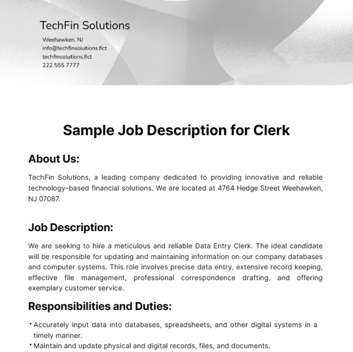 Sample Job Description for Clerk Template
