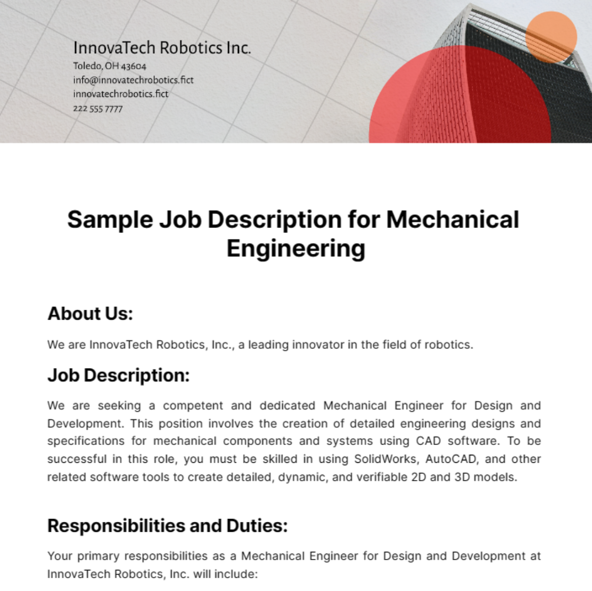 Sample Job Description for Mechanical Engineer Template