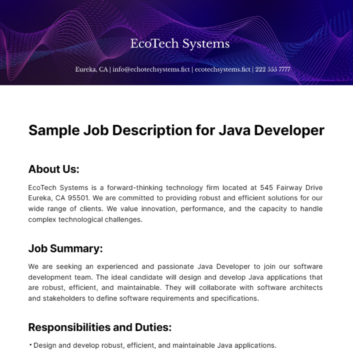 Sample Job Description for Java Developer Template