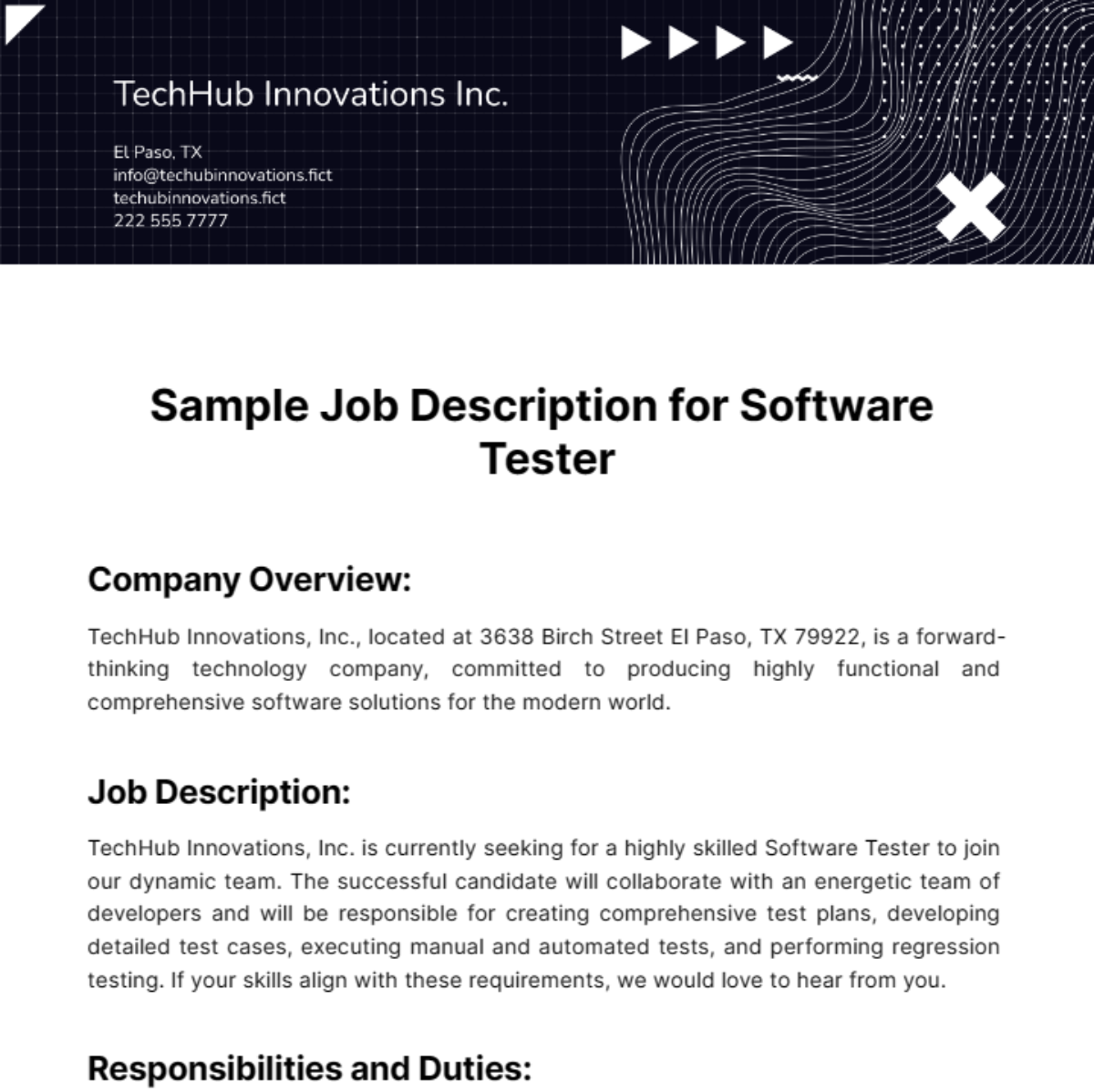 Sample Job Description for Software Tester Template