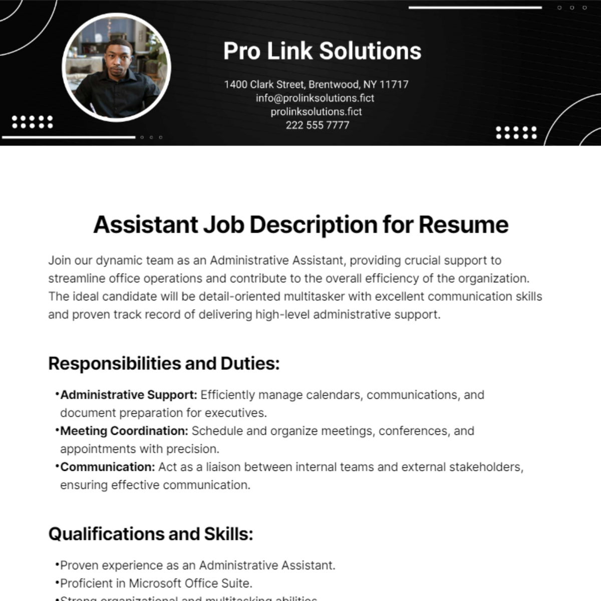 Assistant Job Description for Resume Template