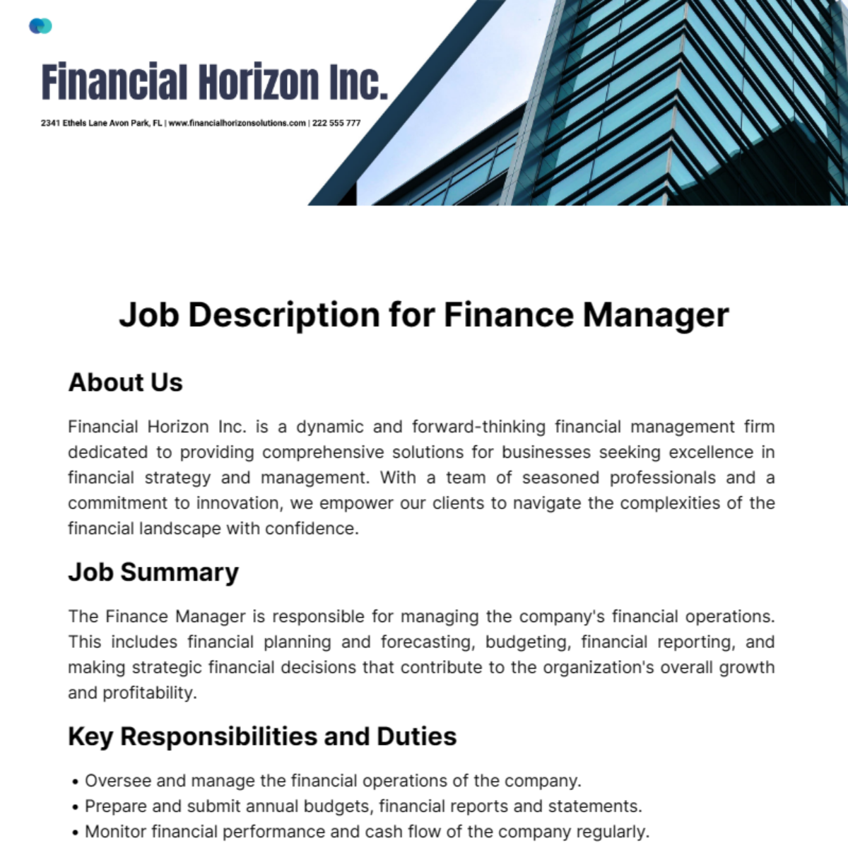 Job Description for Finance Manager Template