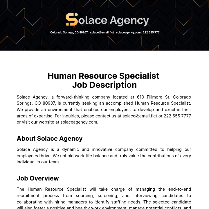 Human Resource Specialist Job Description Template