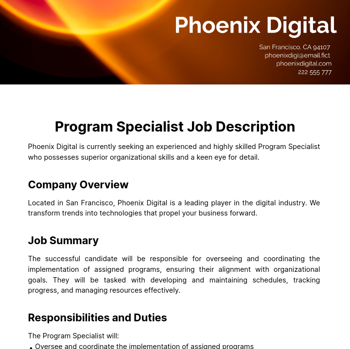 Program Specialist Job Description Template