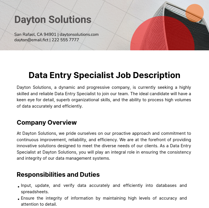Data Entry Specialist Job Description Template