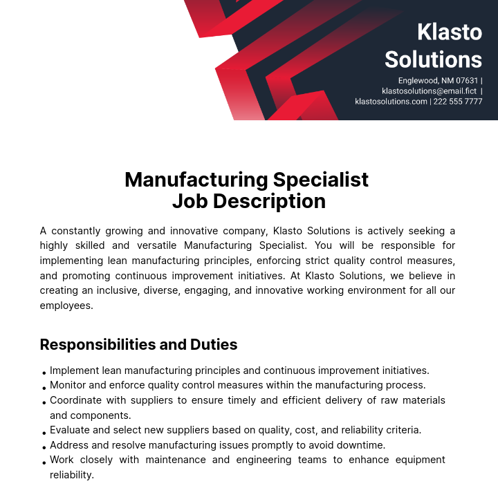 Manufacturing Specialist Job Description Template