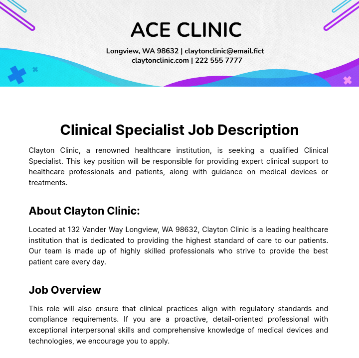 Clinical Specialist Job Description Template