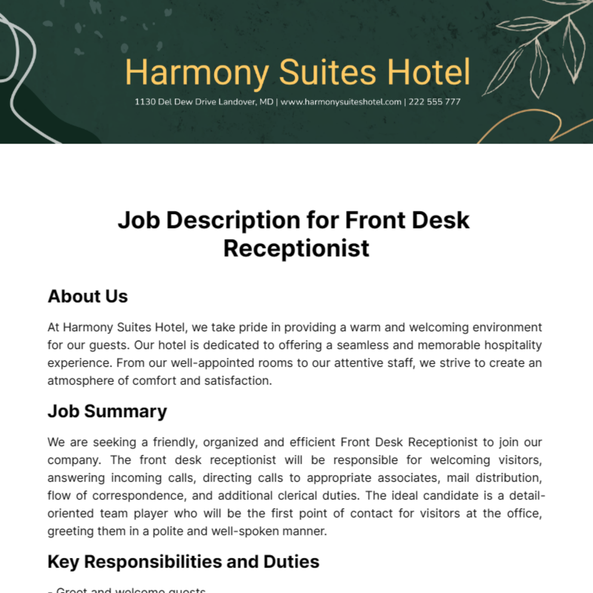 Job Description for Front Desk Receptionist Template