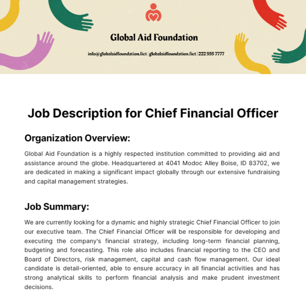 Sample Job Description for a Chief Financial Officer Template