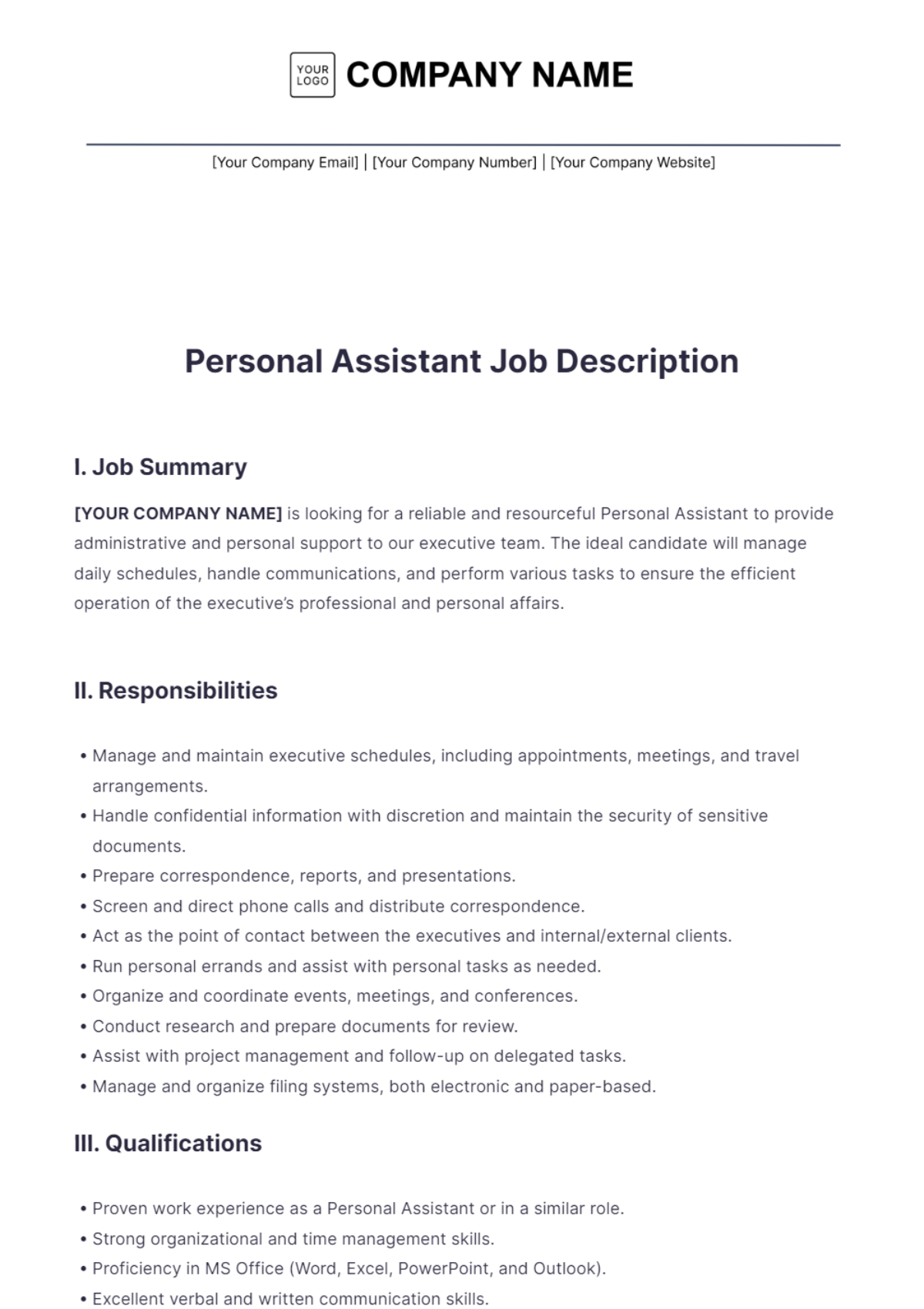 Personal Assistant Job Description Template - Edit Online & Download