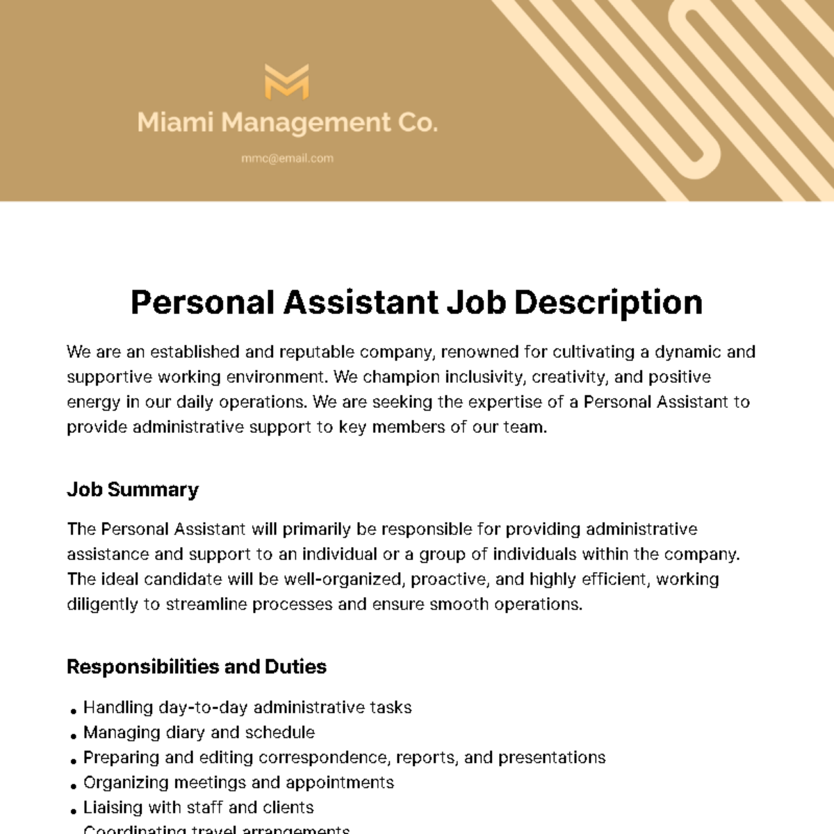 Personal Assistant Job Description Edit Online 