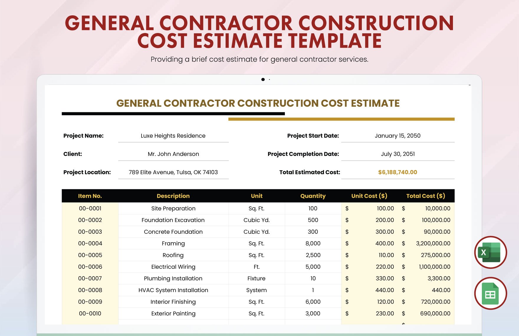 General Contractor Construction Cost Estimate Template