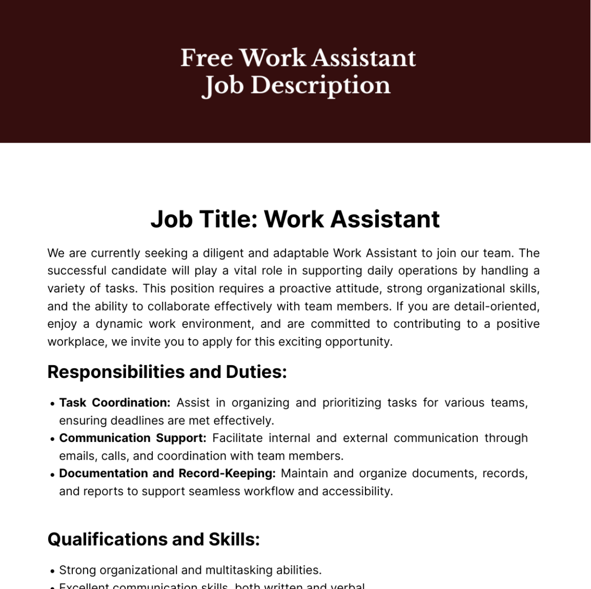Work Assistant Job Description Template
