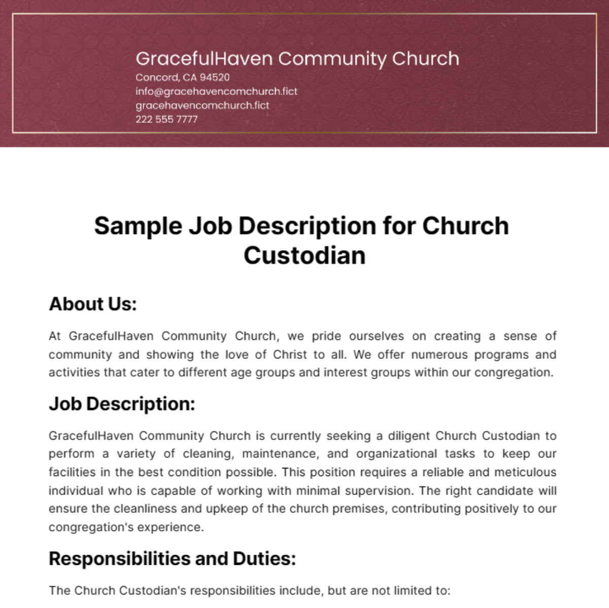 Sample Job Description for Church Custodian Template