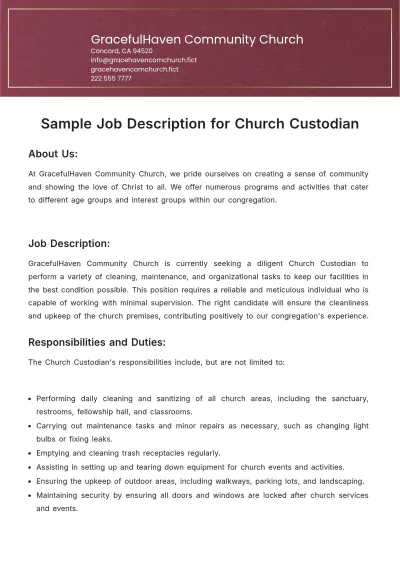 Free Sample Job Description for Church Custodian Template to Edit Online