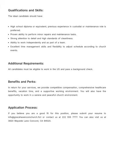 Free Sample Job Description for Church Custodian Template to Edit Online