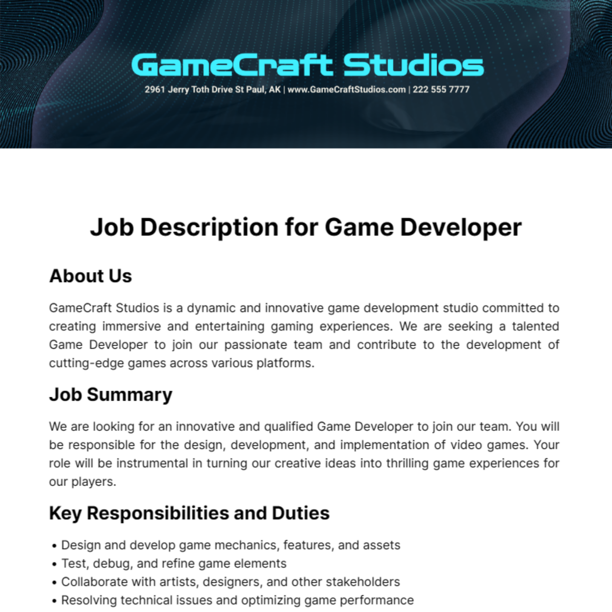 Job Description for Game Developer Template