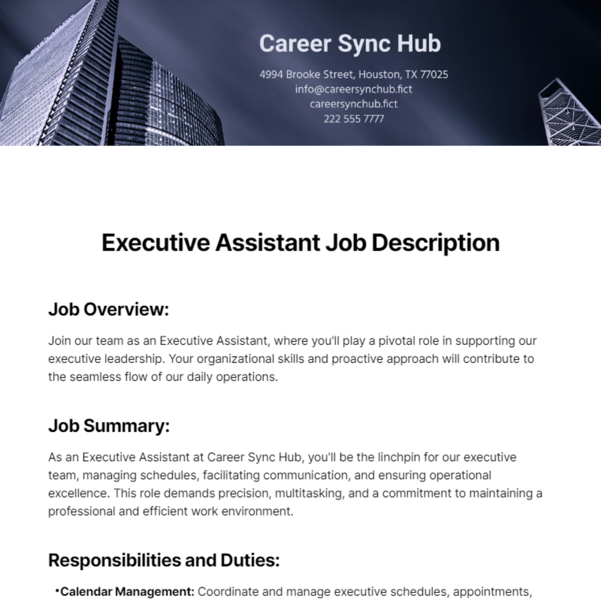 Free Executive Assistant Job Description Template