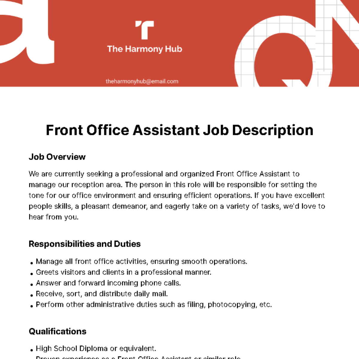 Front Office Assistant Job Description Template