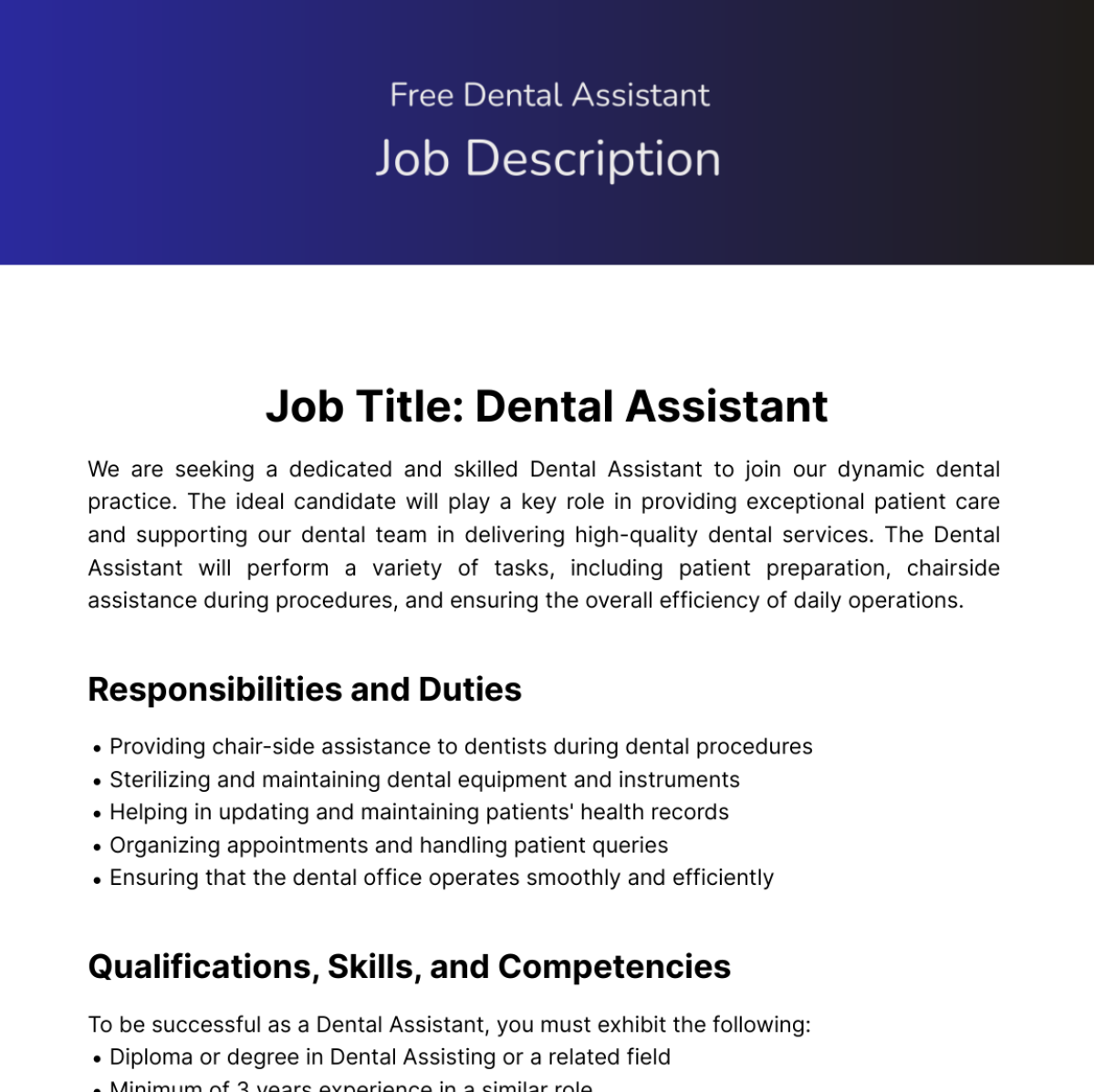 Dental Assistant Job Description Template