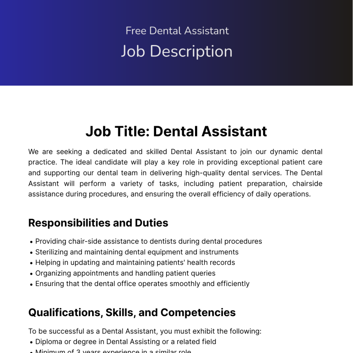 Dental Assistant Job Description Template - Edit Online & Download