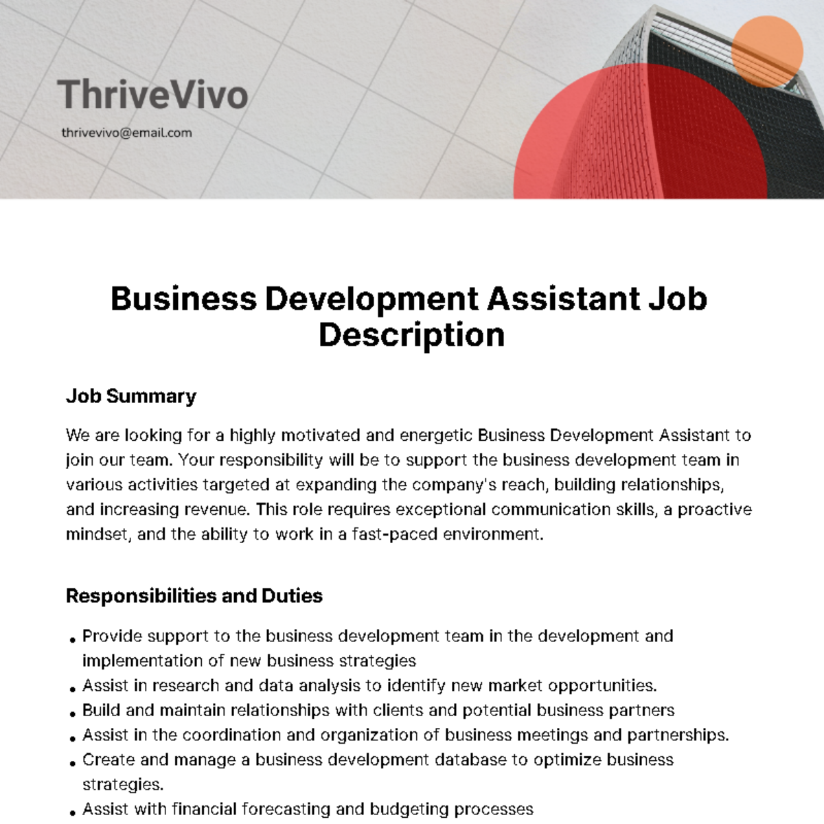 Business Development Assistant Job Description Template