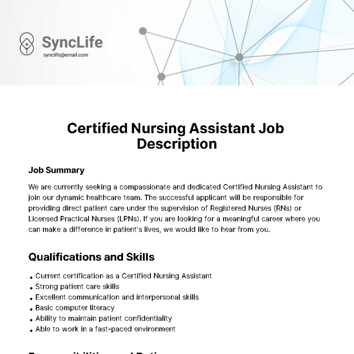 Certified Nursing Assistant Job Description Template
