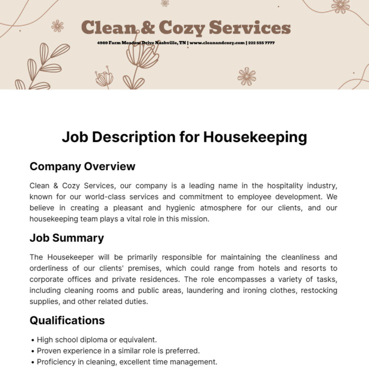 Job Description for Housekeeping Template