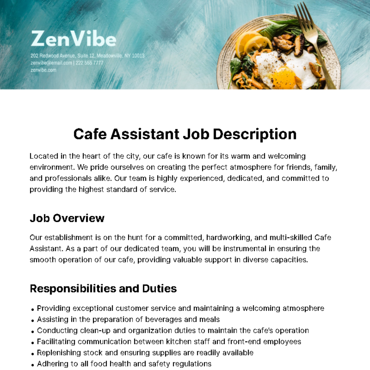 Cafe Assistant Job Description Template