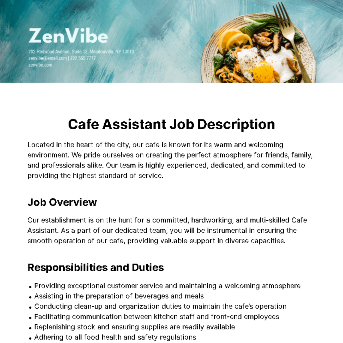 Cafe Assistant Job Description Template - Edit Online & Download