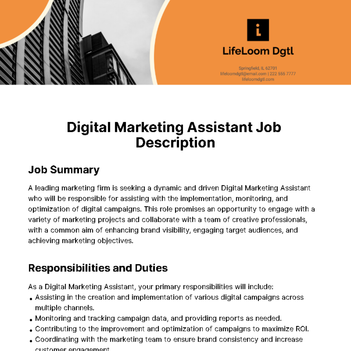 Digital Marketing Assistant Job Description Template
