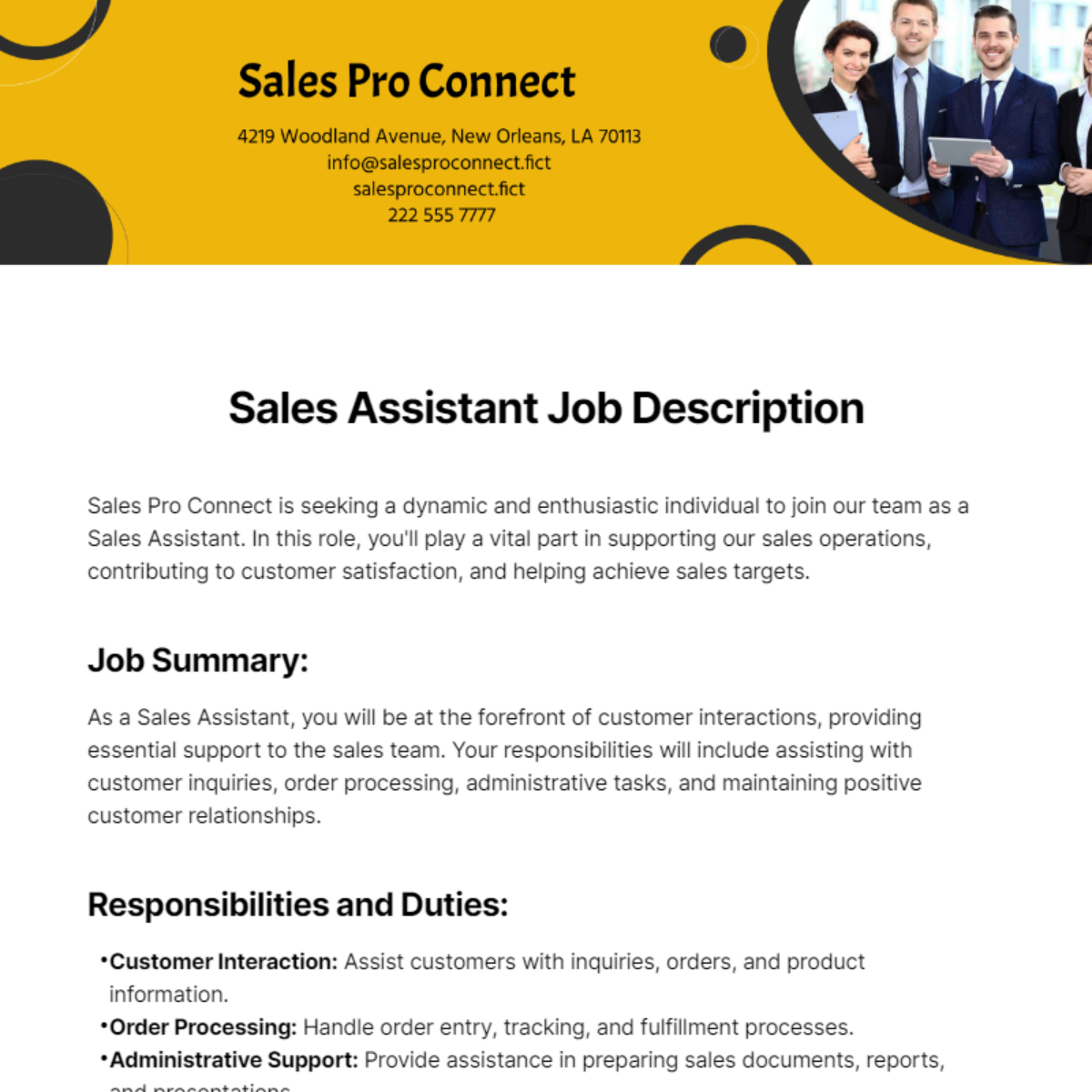 Sales Assistant Job Description Template