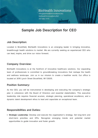 Free Sample Job Description for CEO Template to Edit Online