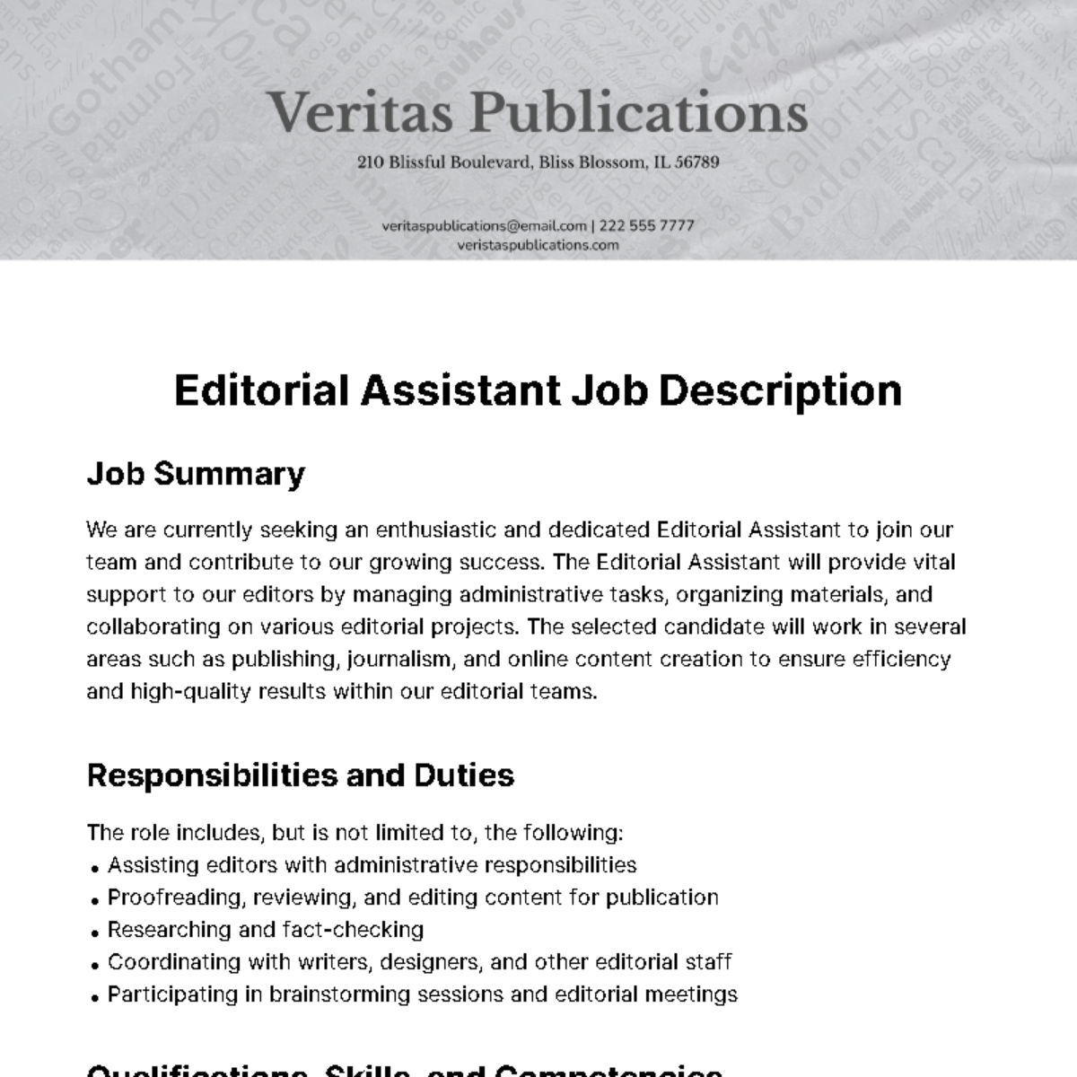 Editorial Assistant Job Description Template