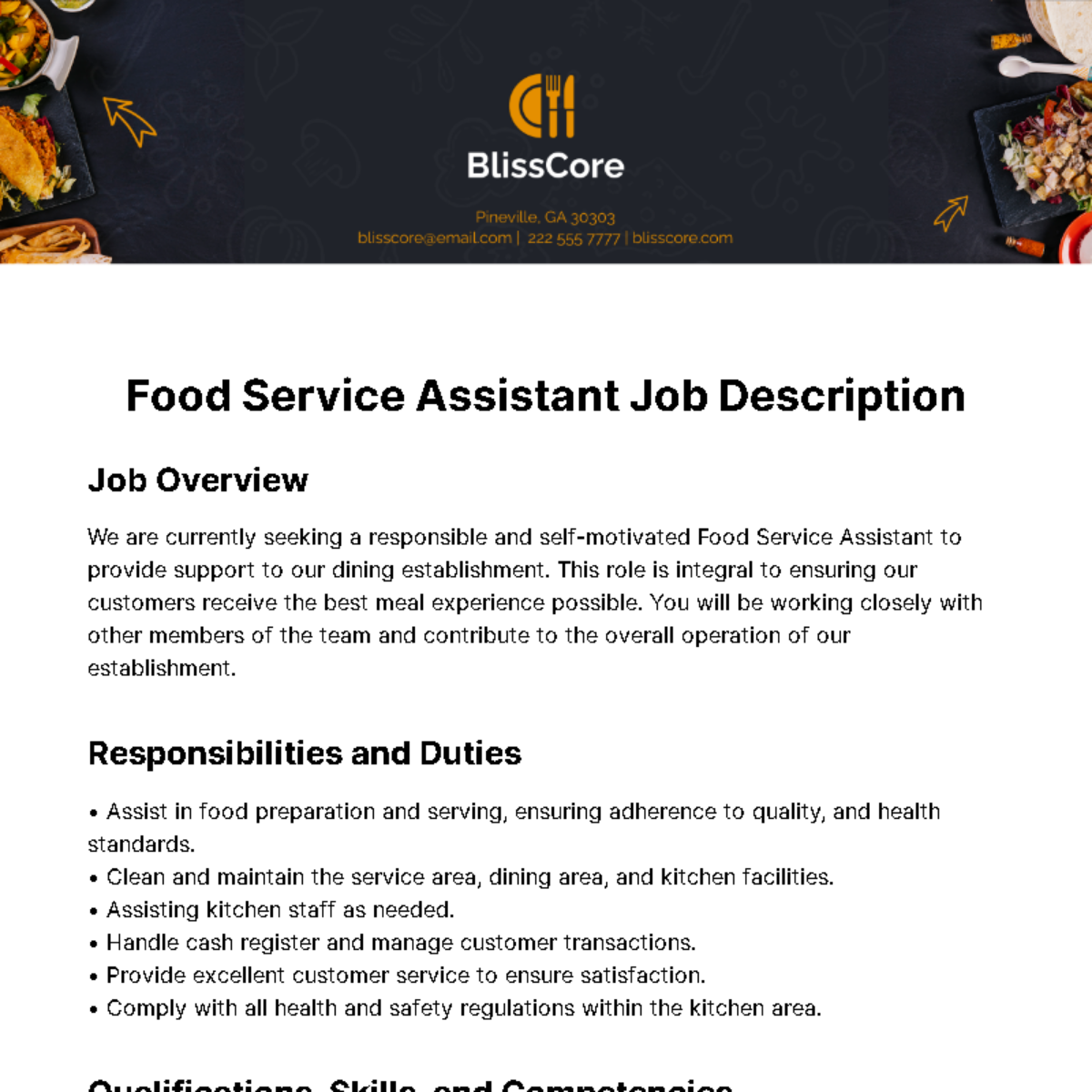 Food Service Assistant Job Description Template