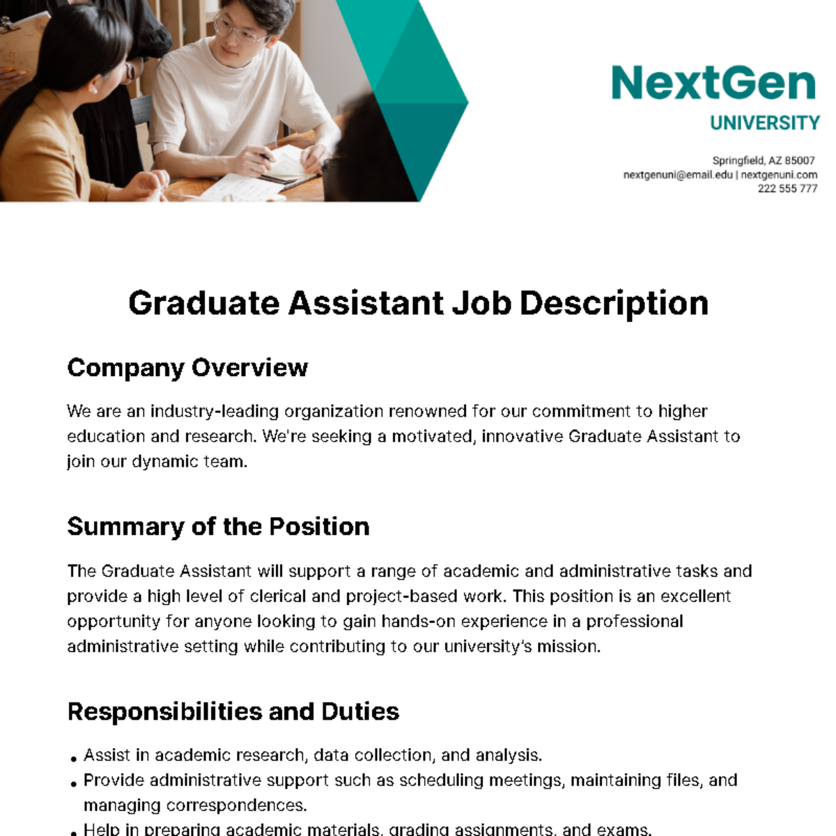 Graduate Assistant Job Description Template