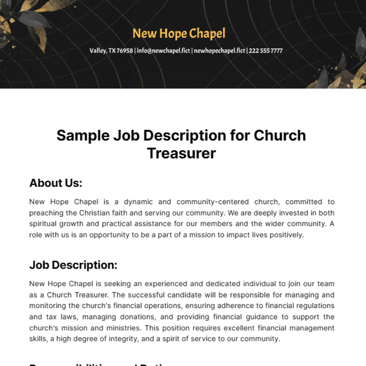 Sample Job Description for Church Treasurer Template