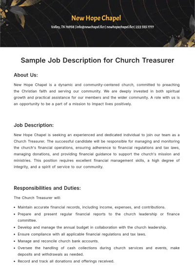 Free Sample Job Description for Church Treasurer Template to Edit Online
