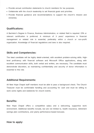 Free Sample Job Description for Church Treasurer Template to Edit Online