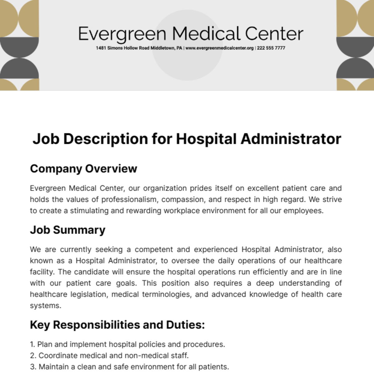 Job Description for Hospital Administrator Template