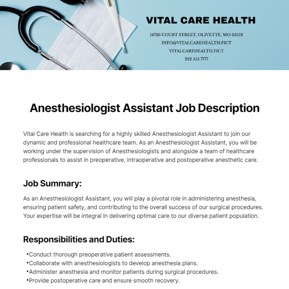 Anesthesiologist Assistant Job Description Template