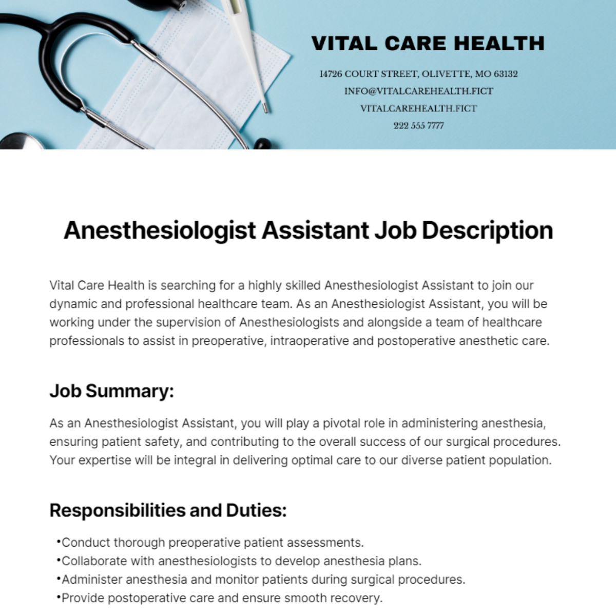 Anesthesiologist Assistant Job Description Template - Edit Online & Download