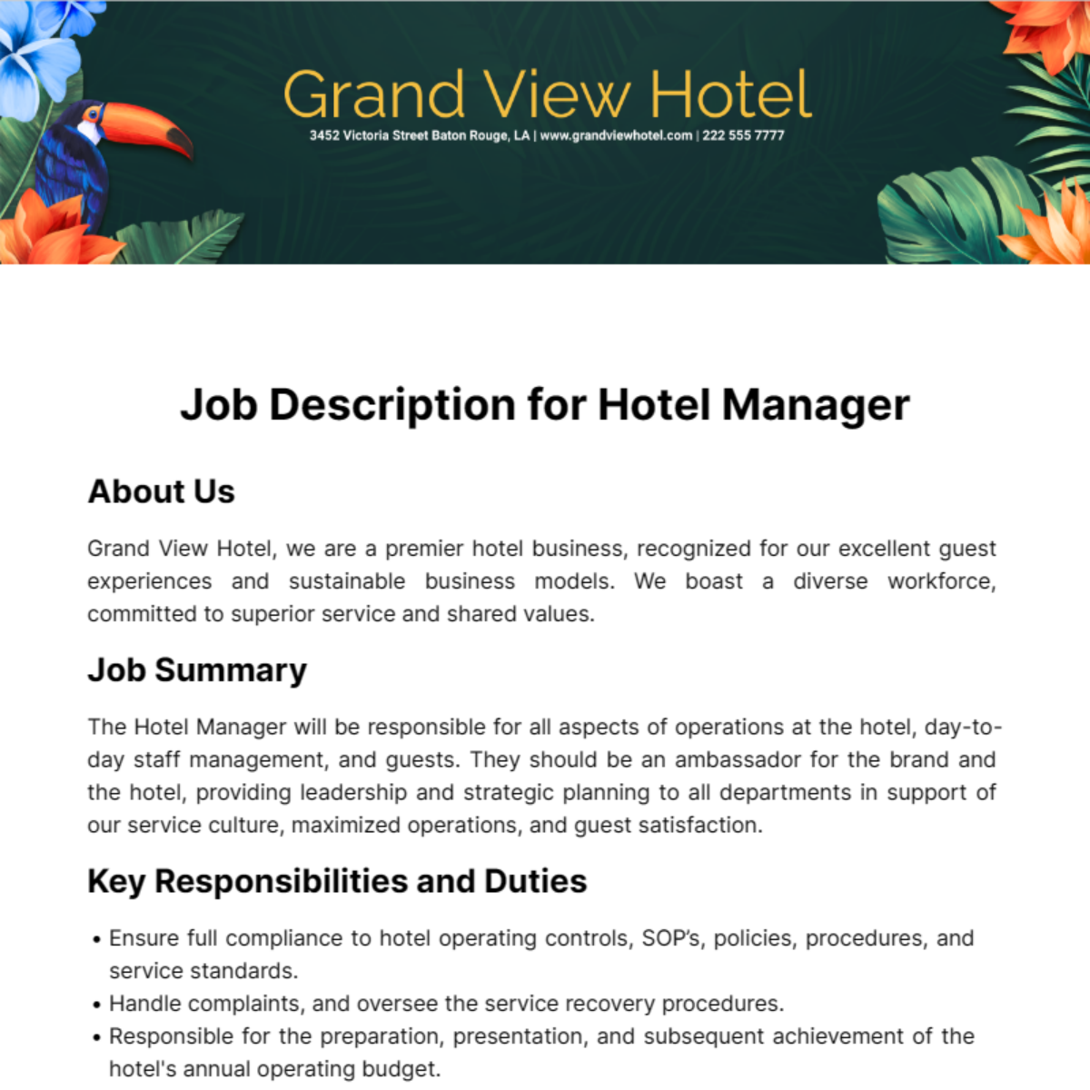 Job Description for Hotel Manager Template